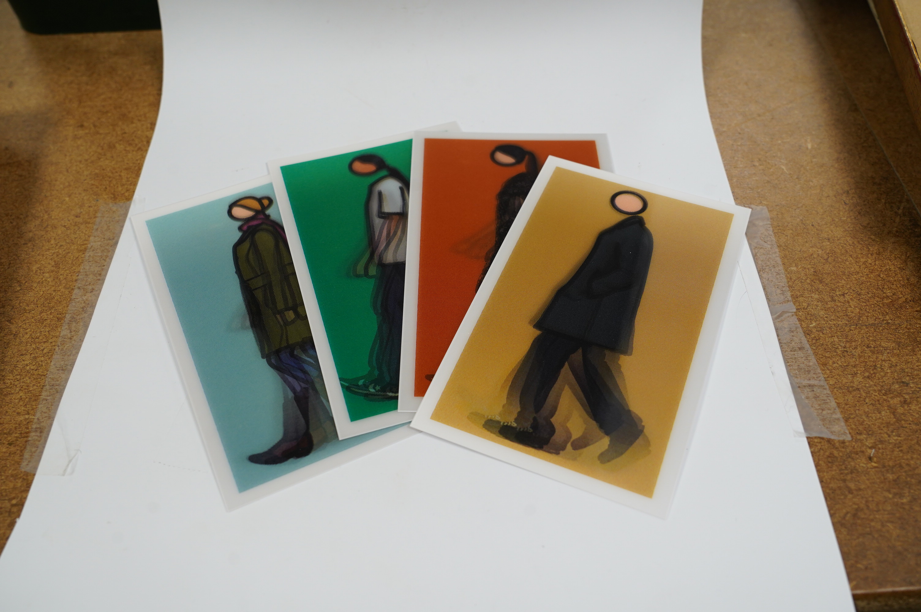 Julian Opie (British b.1958), set of four lenticular postcards, after the large lenticular works, published by Alan Cristea Gallery from an unknown edition, London; Kris Walking; Sian Walking; Jeremy Walking in Coat; Ver